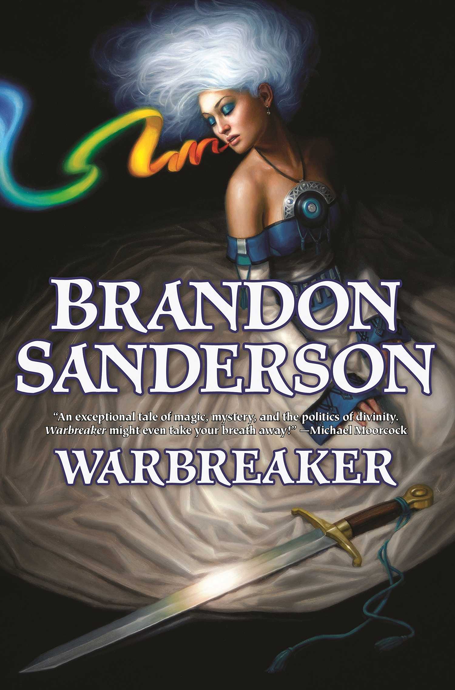 The cover of Brandon Sanderson's Warbreaker, showing a white-haired woman kneeling next to a sword, a rainbow-hued ribbon emitting from her mouth
