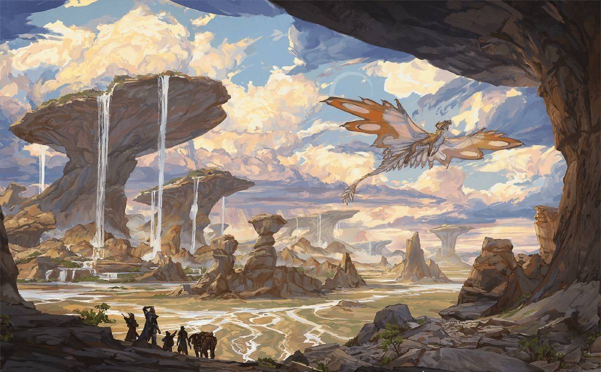 Concept art for Dungeons & Dragons depicting adventurers in a vast, strange land.