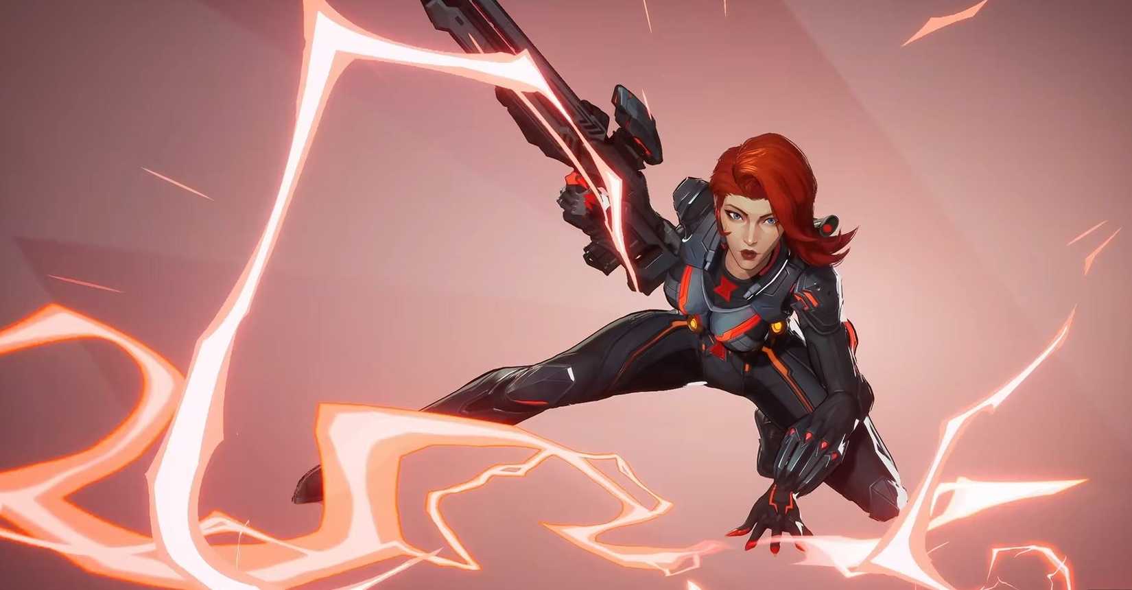 Black Widow from Marvel Rivals, as she poses following a win. She is holding up a sniper rifle while electric currents s