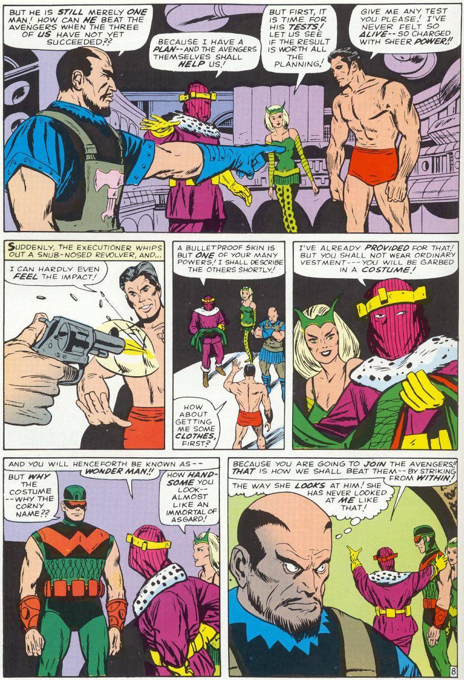 A page from 1964's The Avengers #9, with Baron Zemo testing Wonder Man's powers by bouncing bullets off his chest, then giving him a costume