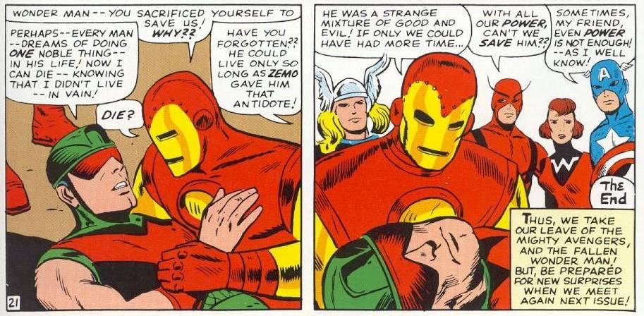 Wonder Man dies for the first time in the arms of Iron Man in The Avengers #9