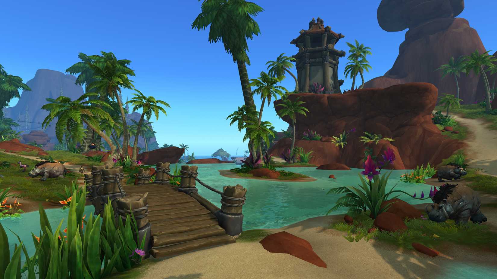 A tropical neighborhood in World of Warcraft housing