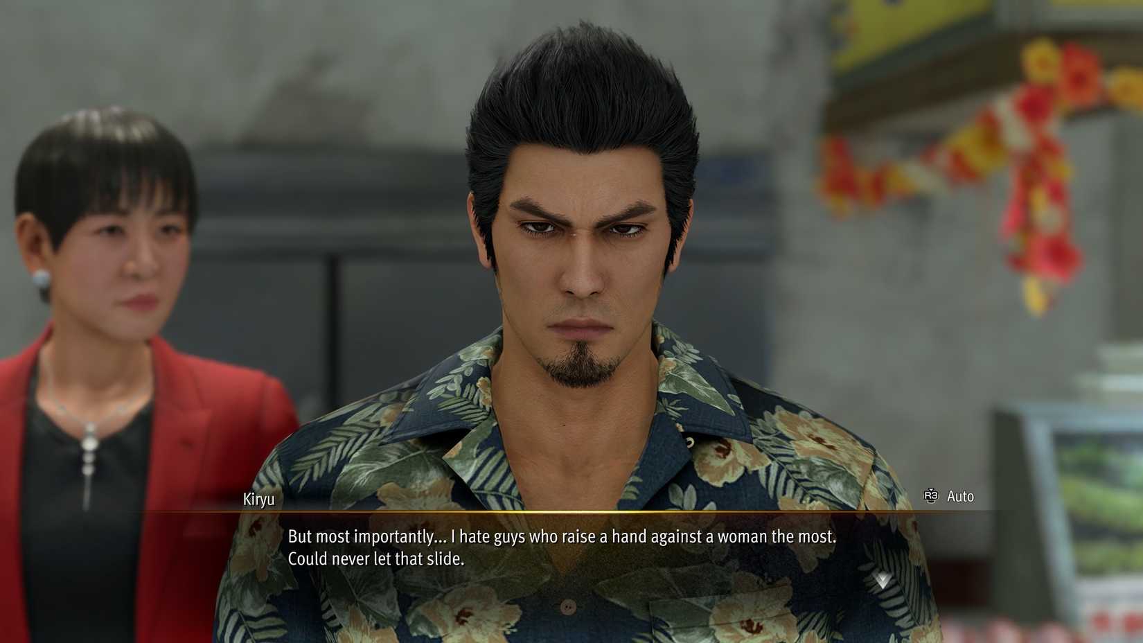 Kiryu in Yakuza Kiwami 3 saying "But most importantly... I hate guys who raise a hand against a woman the most. Could never let that slide."