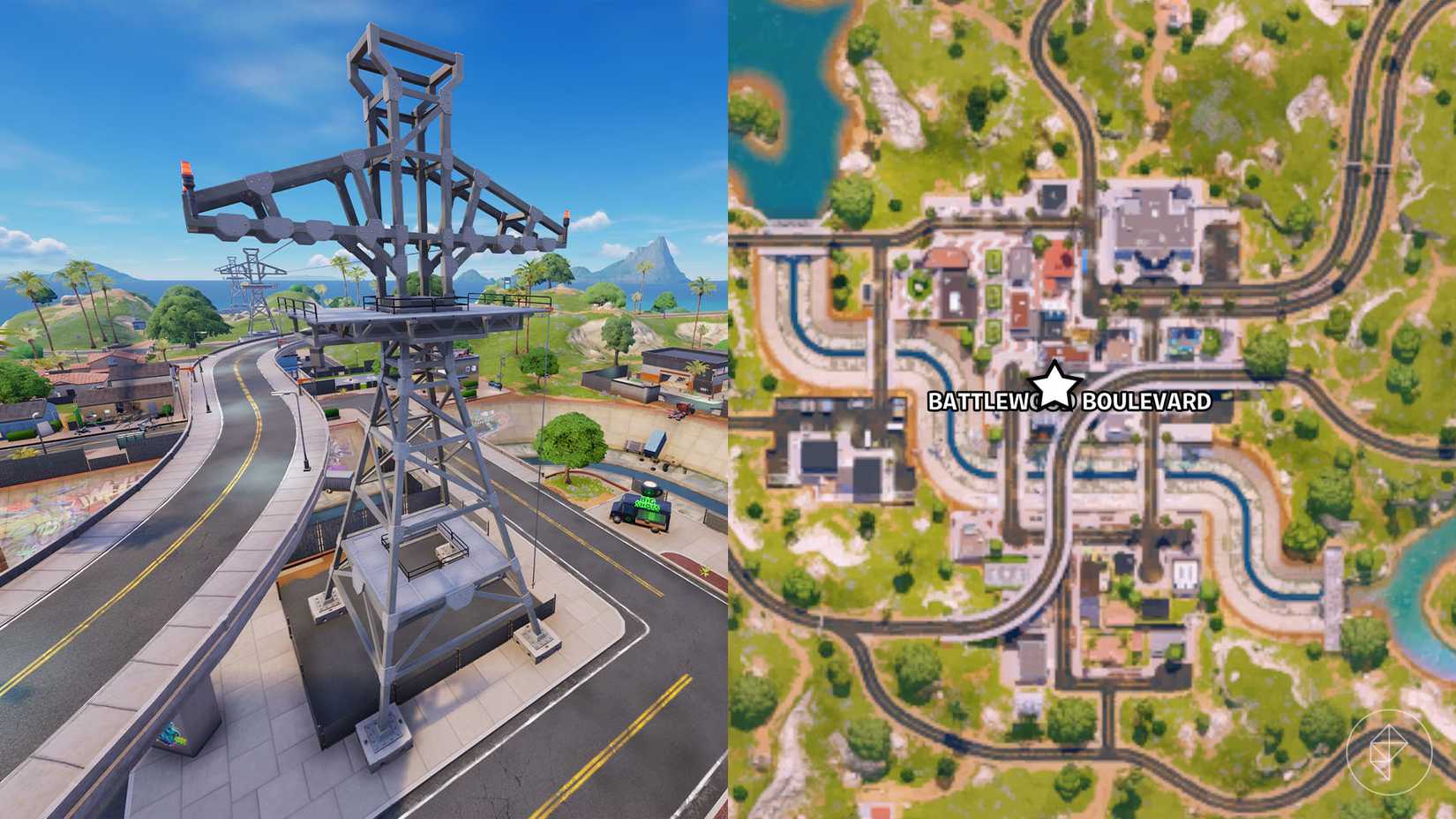 Zipline tower in Battlewood Boulevard in Fortnite.
