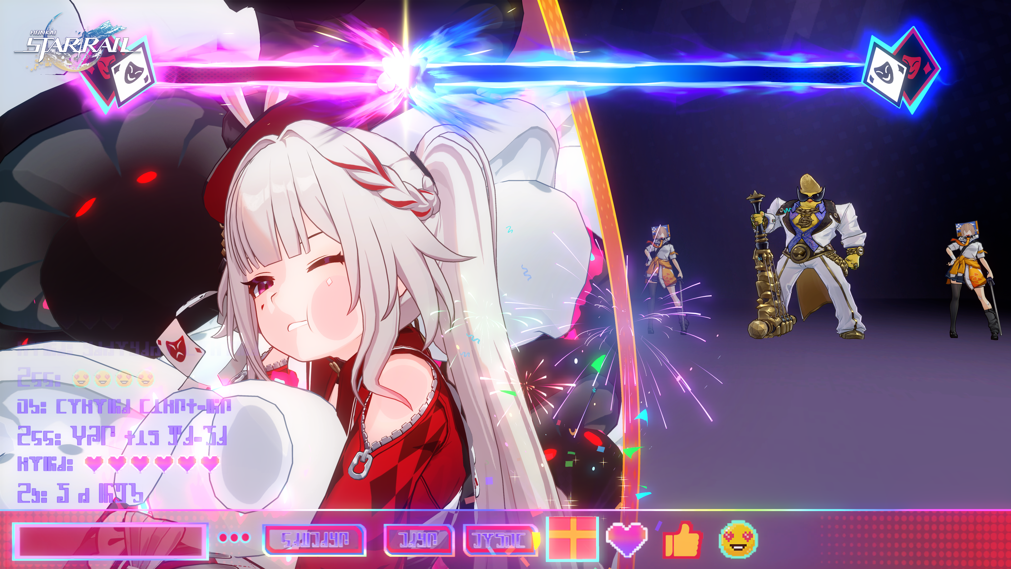 Sparxie with her face smushed against the camera in the middle of a battle in Honkai: Star Rail.