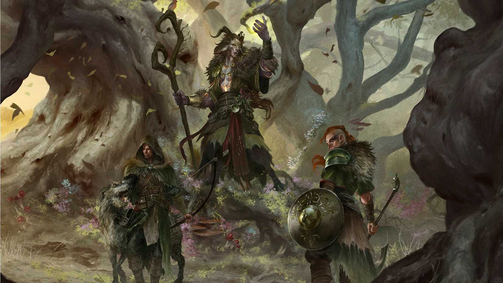 A cloaked man with a bow accompanied by an Irish wolfhound, a woman with an ax and shield, and a Baloran holding a staff stand in the woods in art from Beyond the Woods