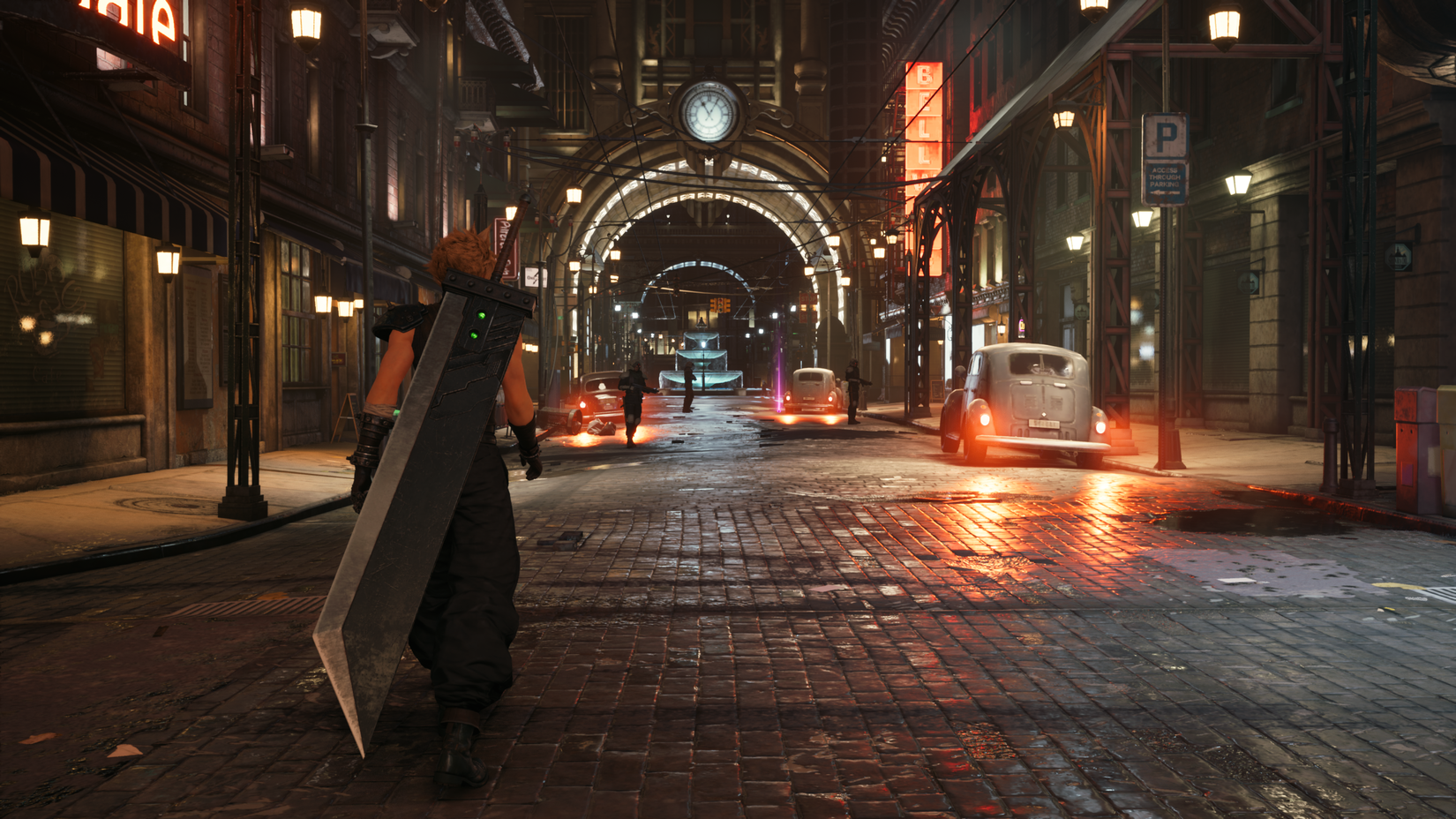 Cloud walks down a nighttime street in Midgar in the Switch 2 edition of Final Fantasy 7 Remake Intergrade