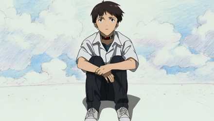 A young teenage boy (Shinji) sits against the backdrop of clouds in Evangelion 3.0+1.0 Thrice Upon a Time
