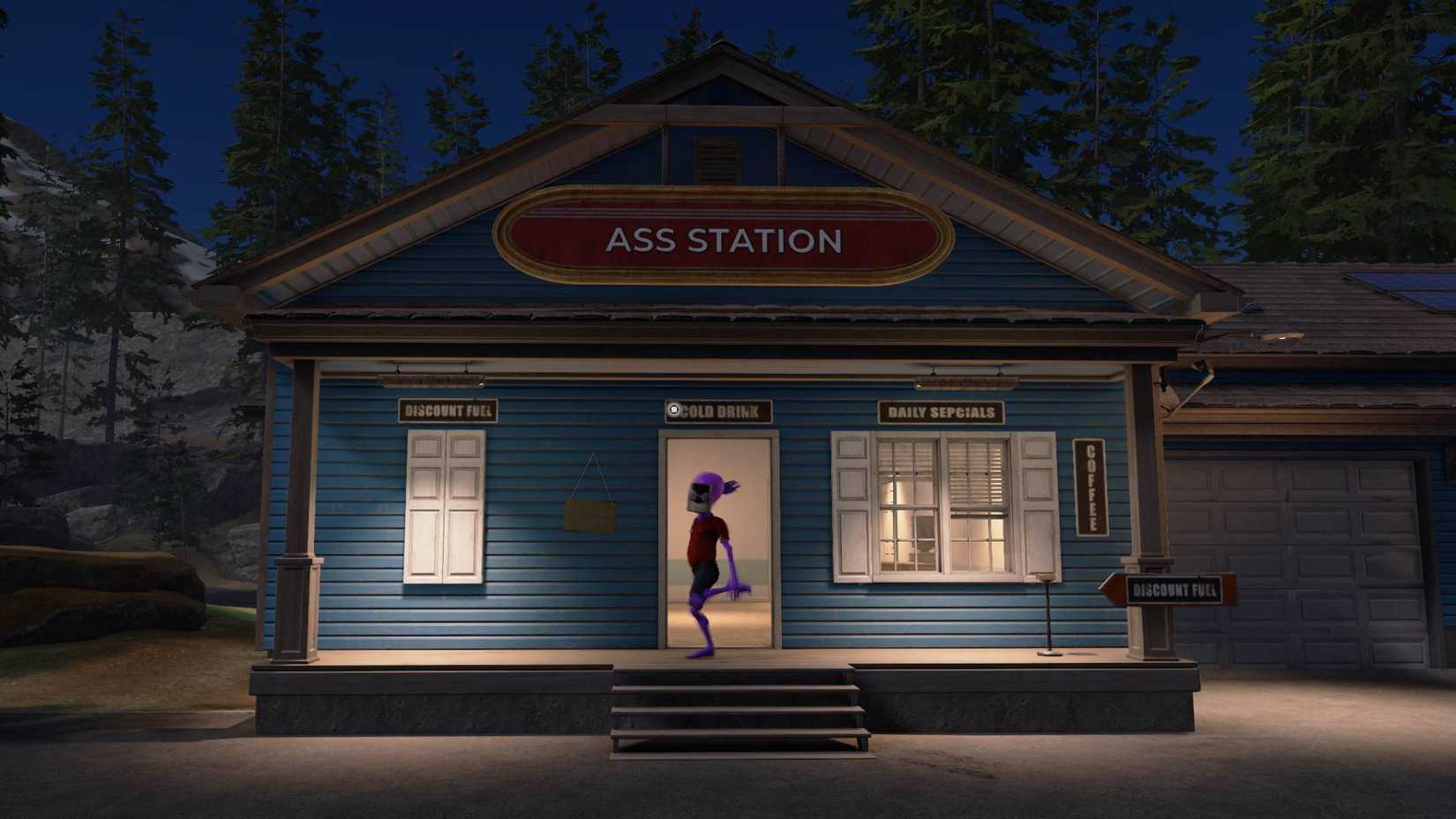 An alien dances under a sign in Roadside Research