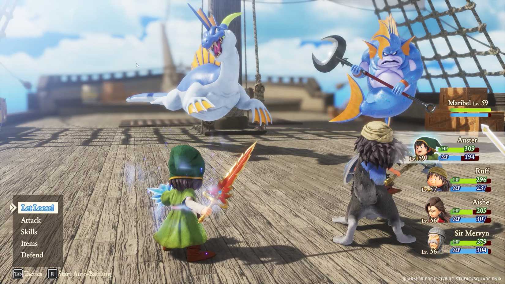 A battle scene aboard the Hero's boat in Dragon Quest 7 Reimagined