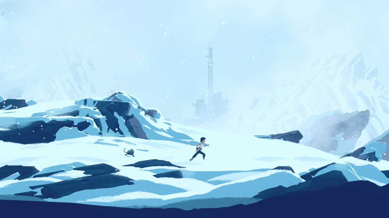 Lana, a teenage girl, runs across a snowy plain with mountains in the background followed by the cat-like creature Mui in Planet of Lana 2