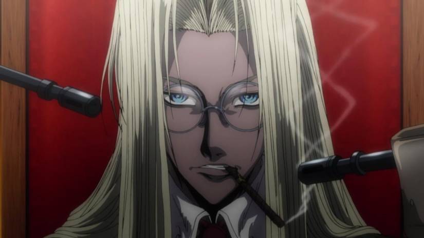 Integra Hellsing smokes while two gun barrels are pointed at her in Hellsing Ultimate
