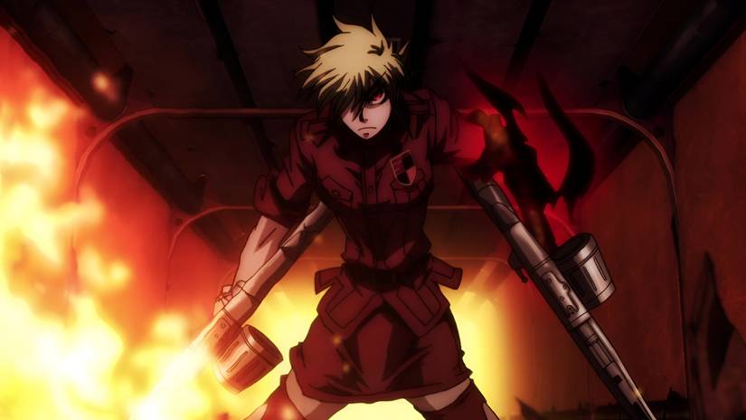 Seras looks angry while carrying two massive guns in Hellsing Ultimate