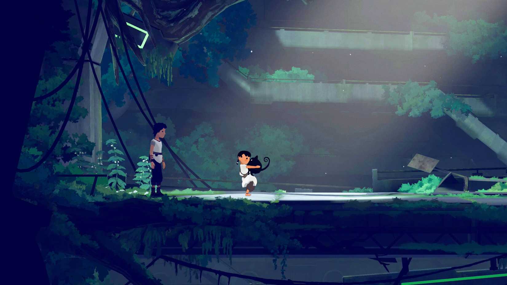 Lana, a teenage girl, stands in an overgrown building where Anua, a young girl, holds the cat-like creature Mui in Planet of Lana 2