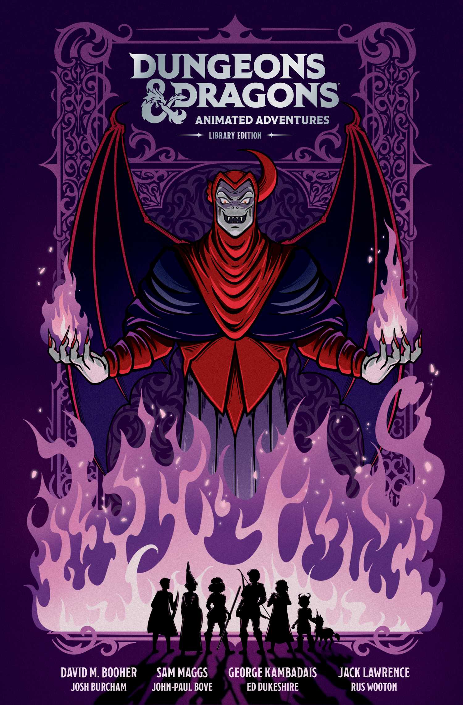 The mage Venger, a fanged figure with demonic wings, holds purple flame in both hands with a wall of purple fire in front of him facing the silhouettes of six young adventurers and a baby unicorn in cover art for Dungeons & Dragons Animated Adventures
