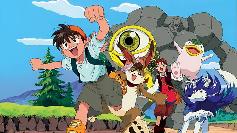 The primary cast of the Monster Rancher anime pose happily in a meadow