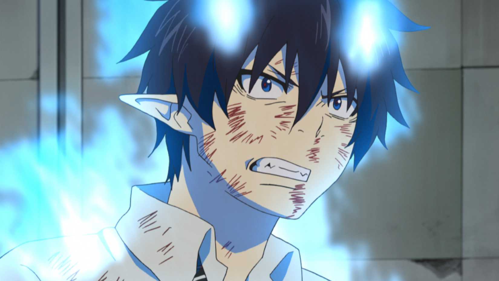 Rin emits his signature blue aura after getting beaten up in Blue Exorcist