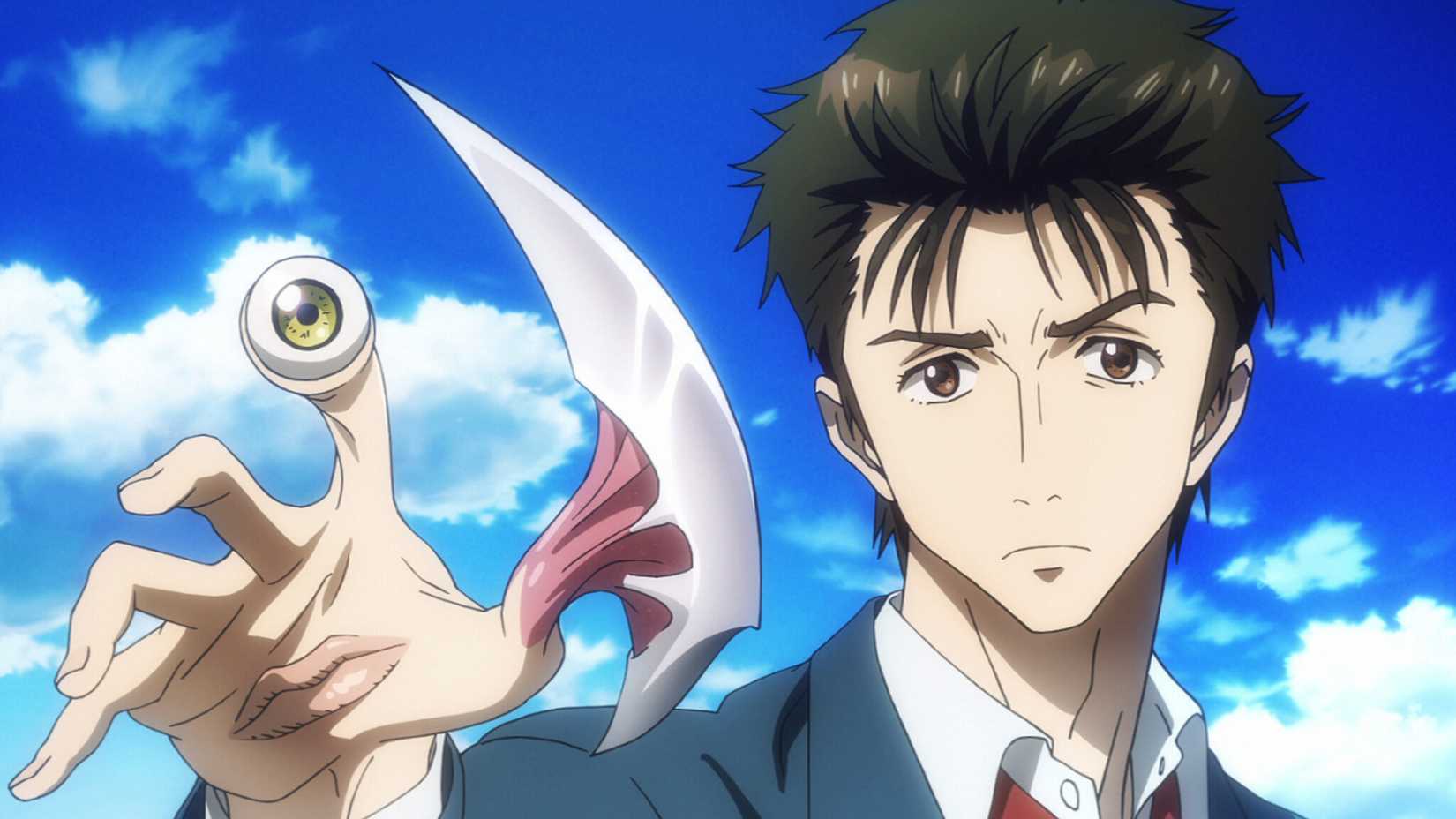 Shinichi holds up the hand infected by Migi in Parasyte: The Maxim