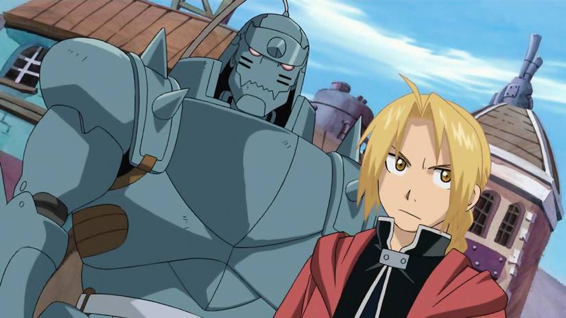 Edward and Alphonse look irritated by something offscreen in Fullmetal Alchemist: Brotherhood