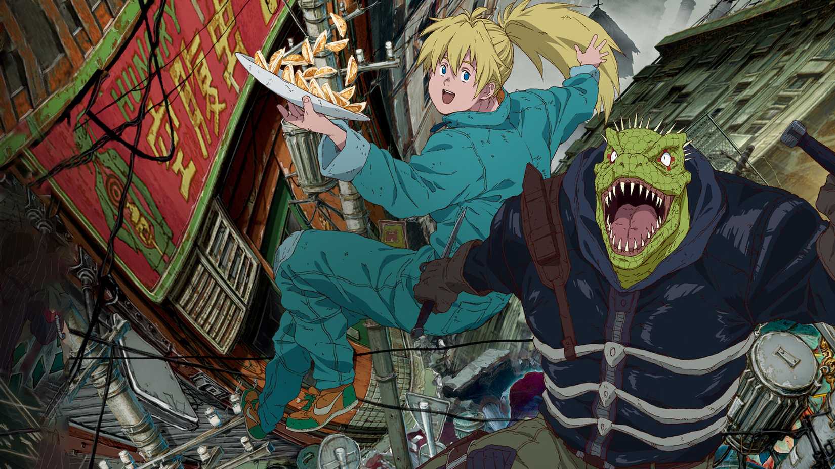 Caimon roars as Nikaido happily poses in Dorohedoro