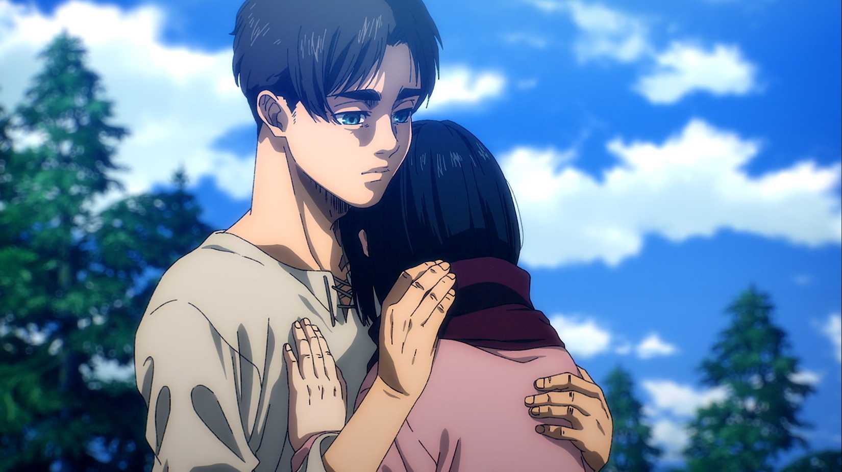 Mikasa and Eren embracing as they say goodbye to each other in Attack on Titan