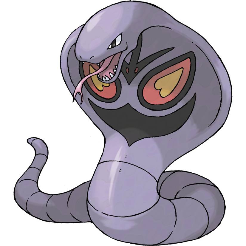 Arbok in Pokemon FireRed, a purple cobra-like Pokemon with a fake face on the front of its hood