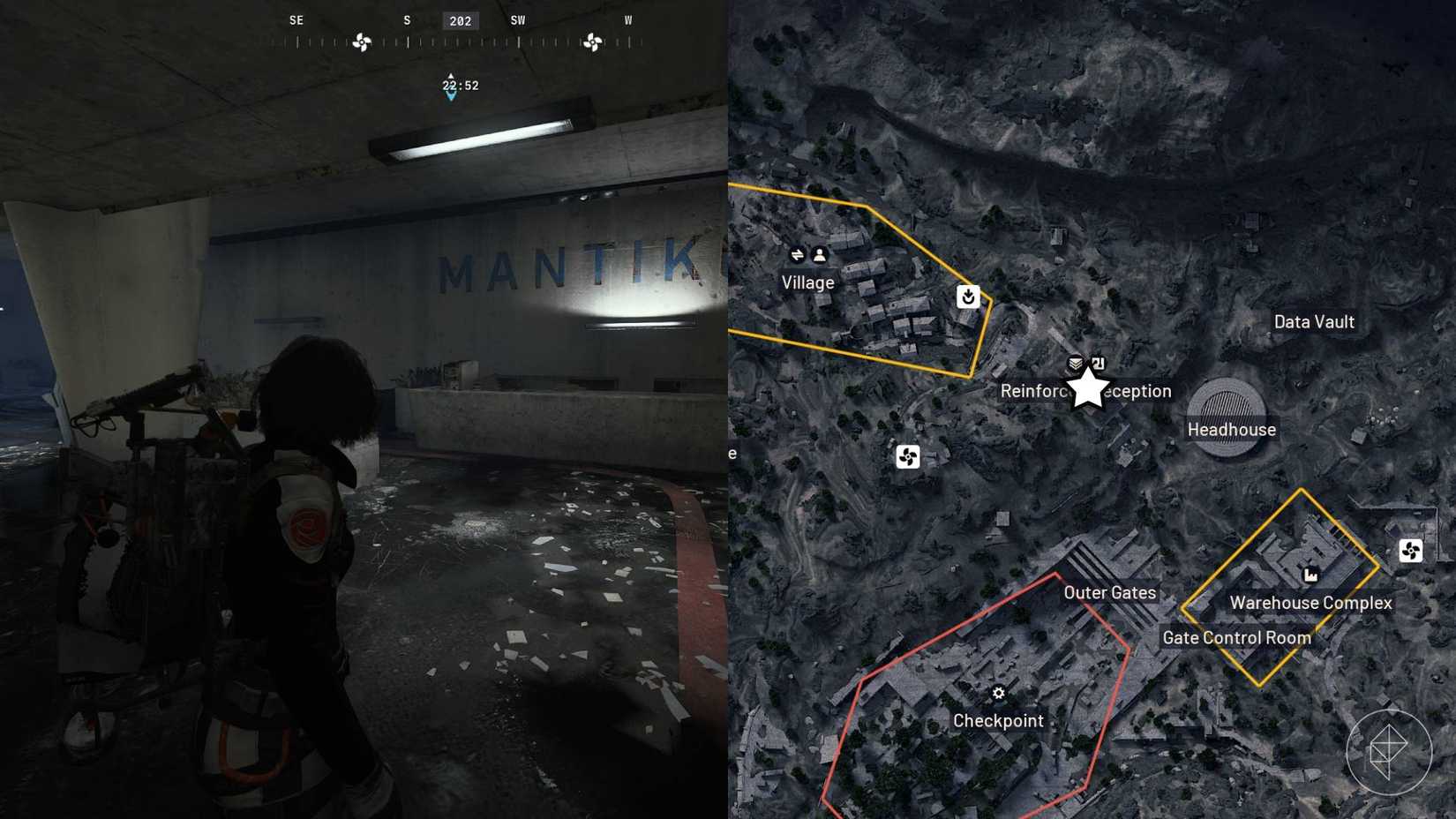 The left-hand side of the image shows the player standing in the lobby of the Mantikor underground facilities while the right-hand side shows the Reinforced Reception location marked on in the in-game map with a star.