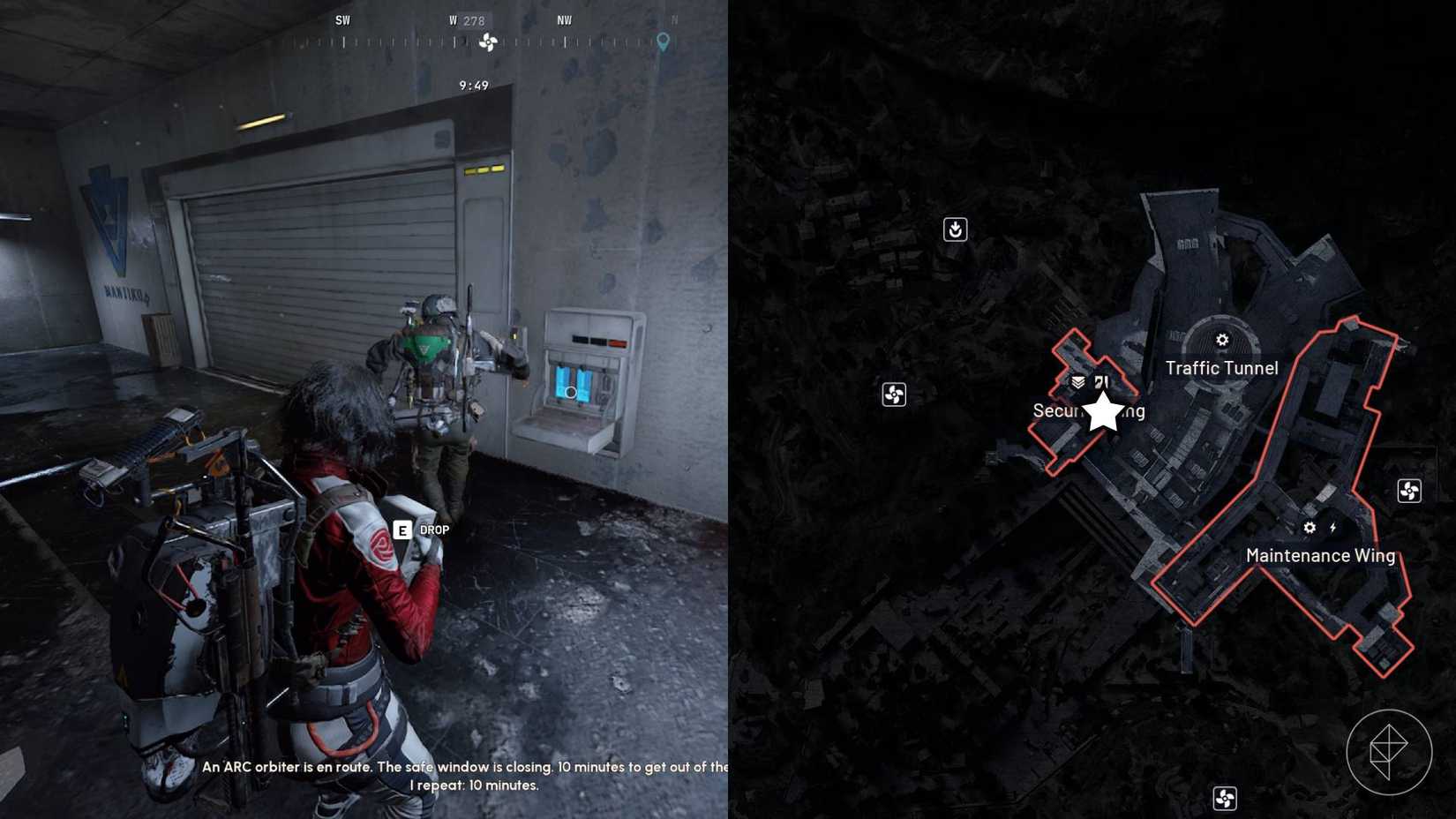 The left-hand side of the image shows the player carrying a battery cell and standing in front of the locked door while the right-hand side shows the location of the door marked on the in-game map with a star.