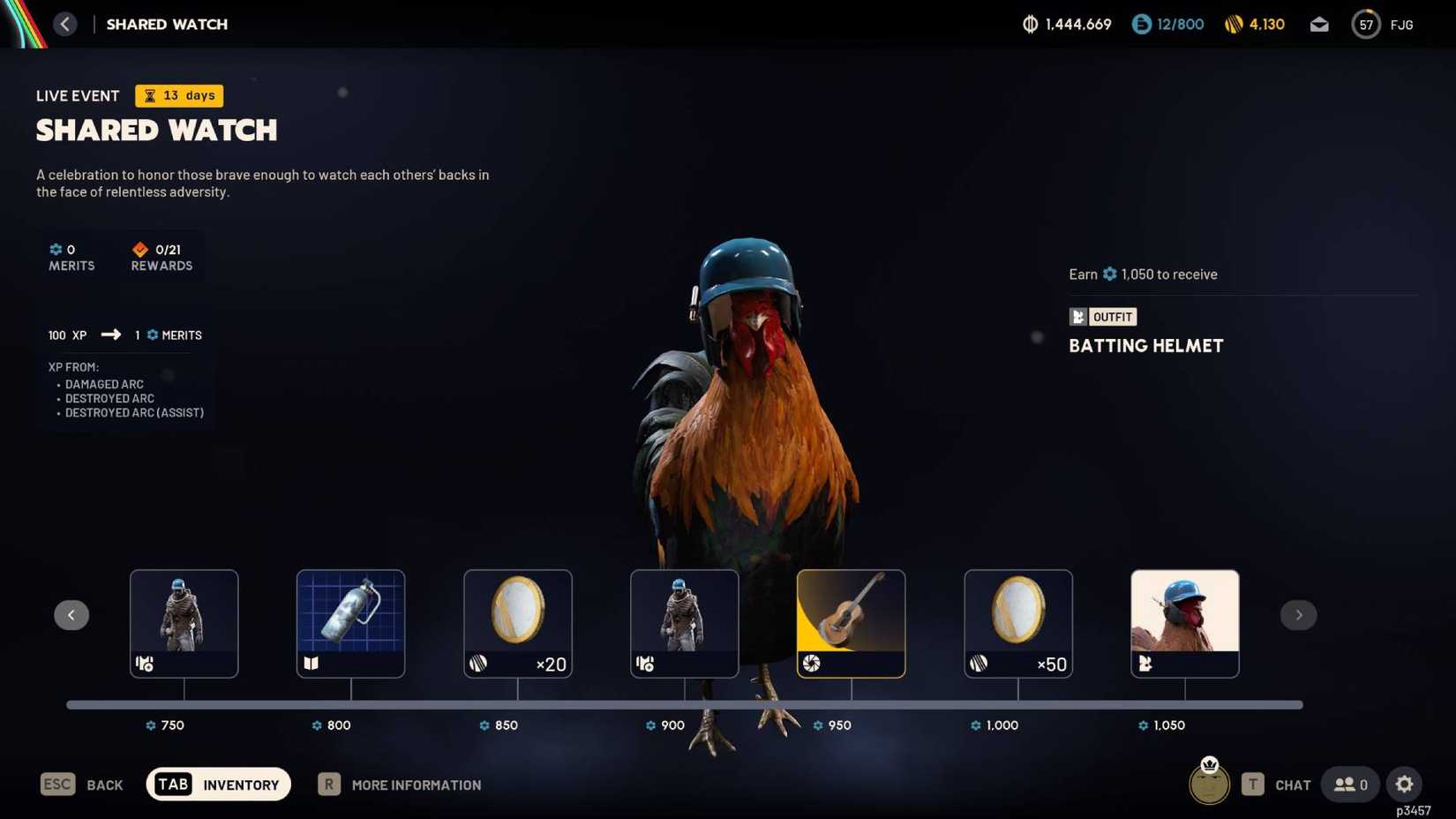 The final reward in the Arc Raiders Shared Watch event, a Batting Helmet outfit for Scrappy the rooster.