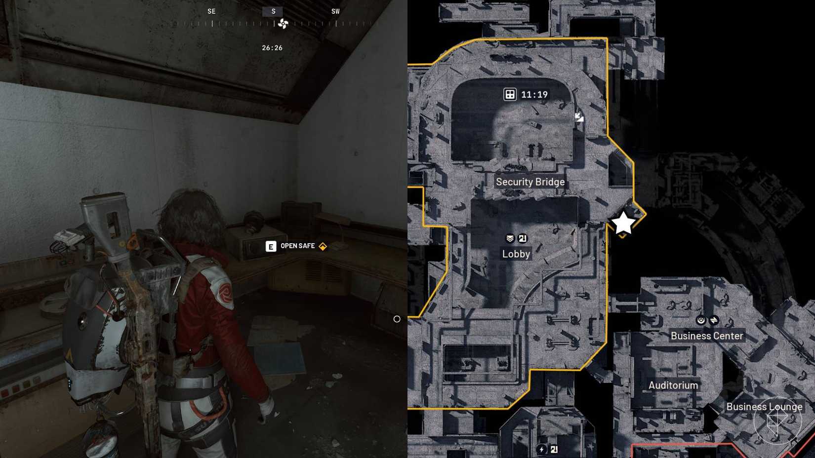 The left-hand side of the image shows the player character in front of the Stable Housing safe in Arc Raiders while the right-hand side of the image shows the location on the in-game map.