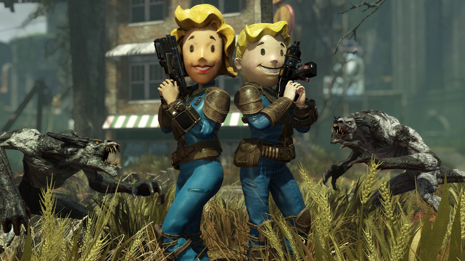 Two Fallout 76 characters wearing Vault Boy and Girl costumes, being attacked by mutated wolves