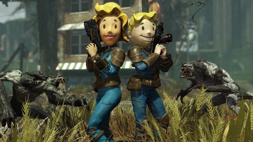 Two Fallout 76 characters wearing Vault Boy and Girl costumes, being attacked by mutated wolves