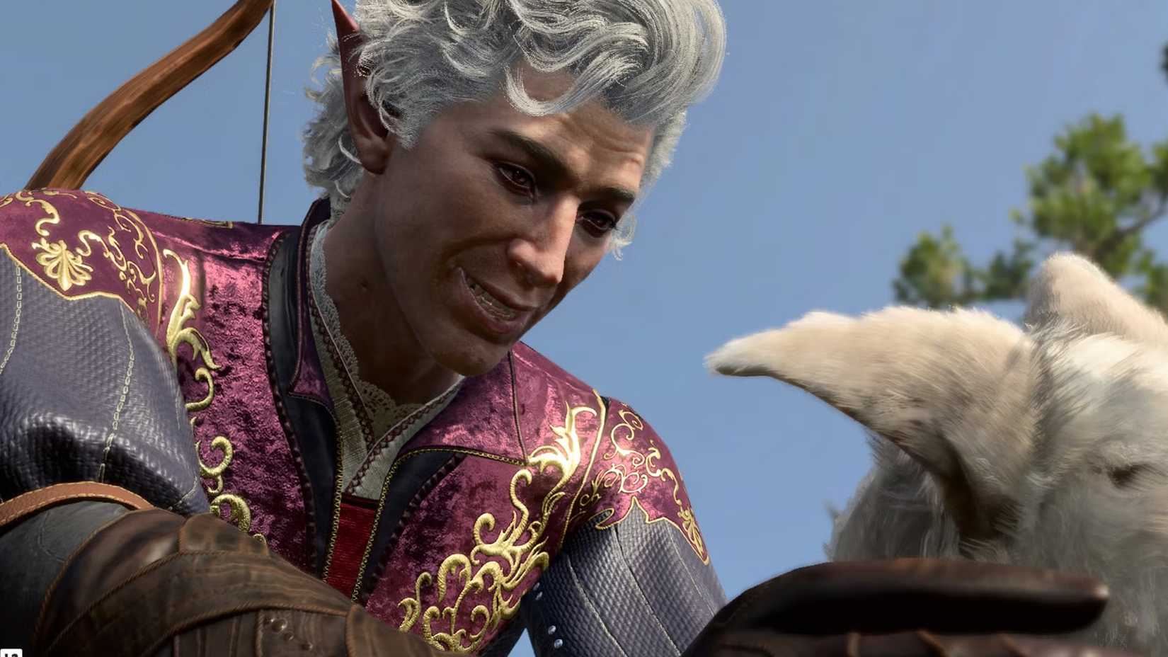 Astarion pets the dog Scratch in Baldur's Gate 3