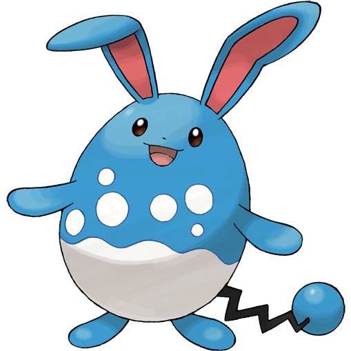 Azumarill in Pokemon Leafgreen, an oval mouse-rabbit hybrid with long ears and a tail with a blue sphere at the end