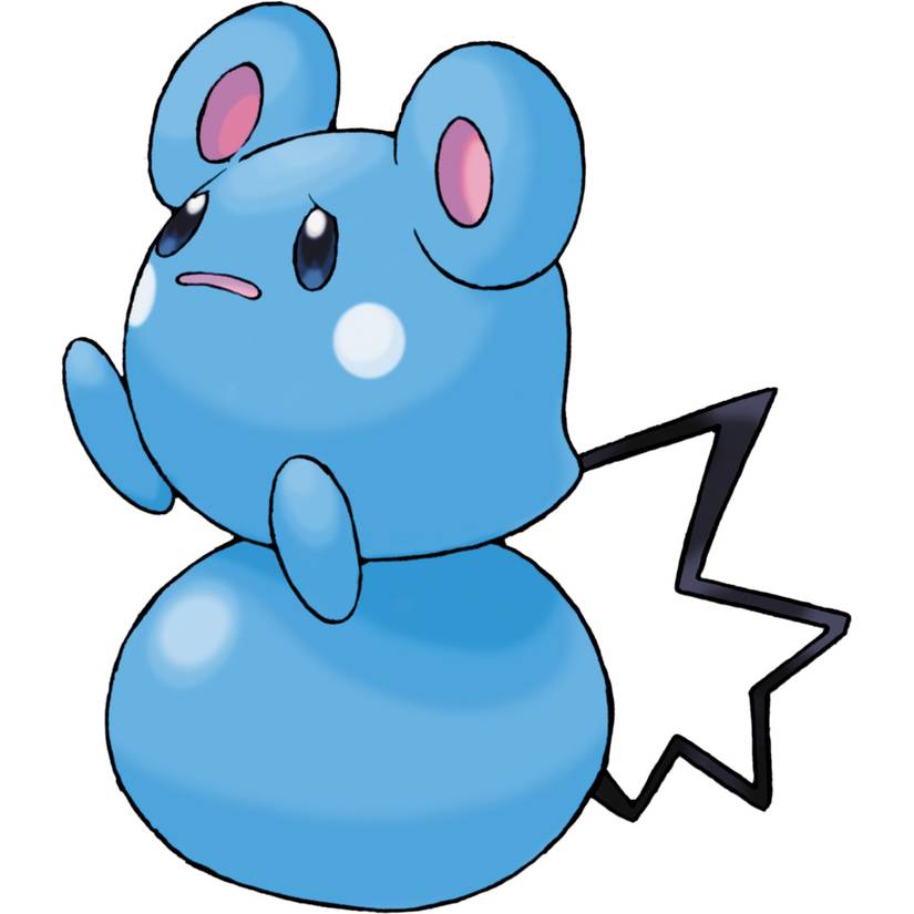 Azurill in Pokemon Leafgreen, a blue teardrop-shaped creature with distressed eyes, seated on its tail which has a big blue ball at the end