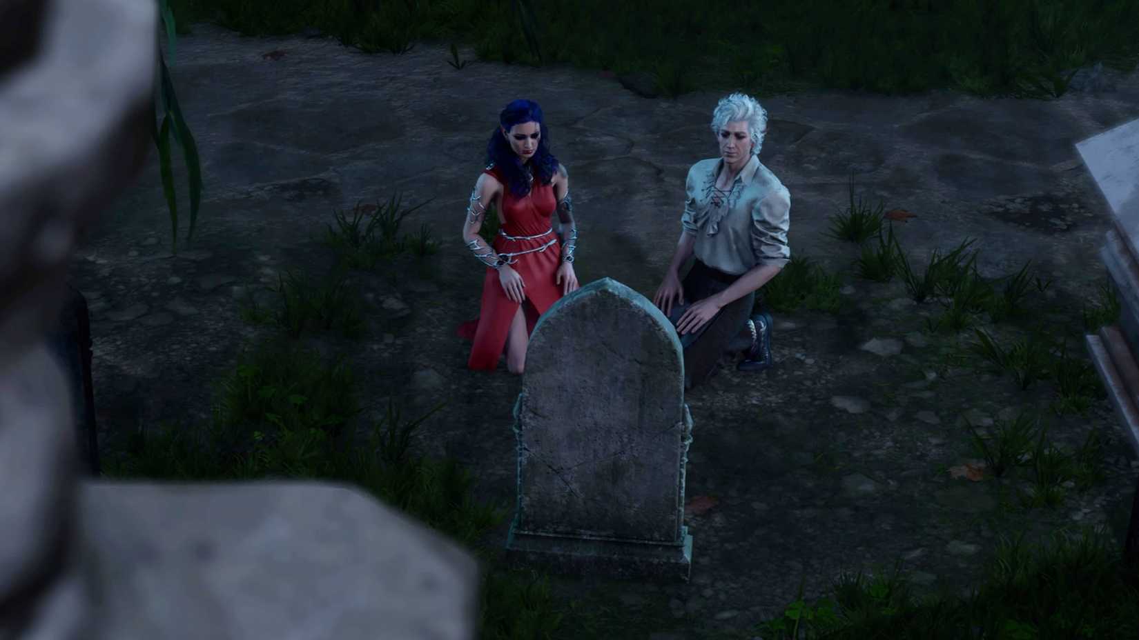 Astarion and a female player-character kneel together in front of a gravestone.