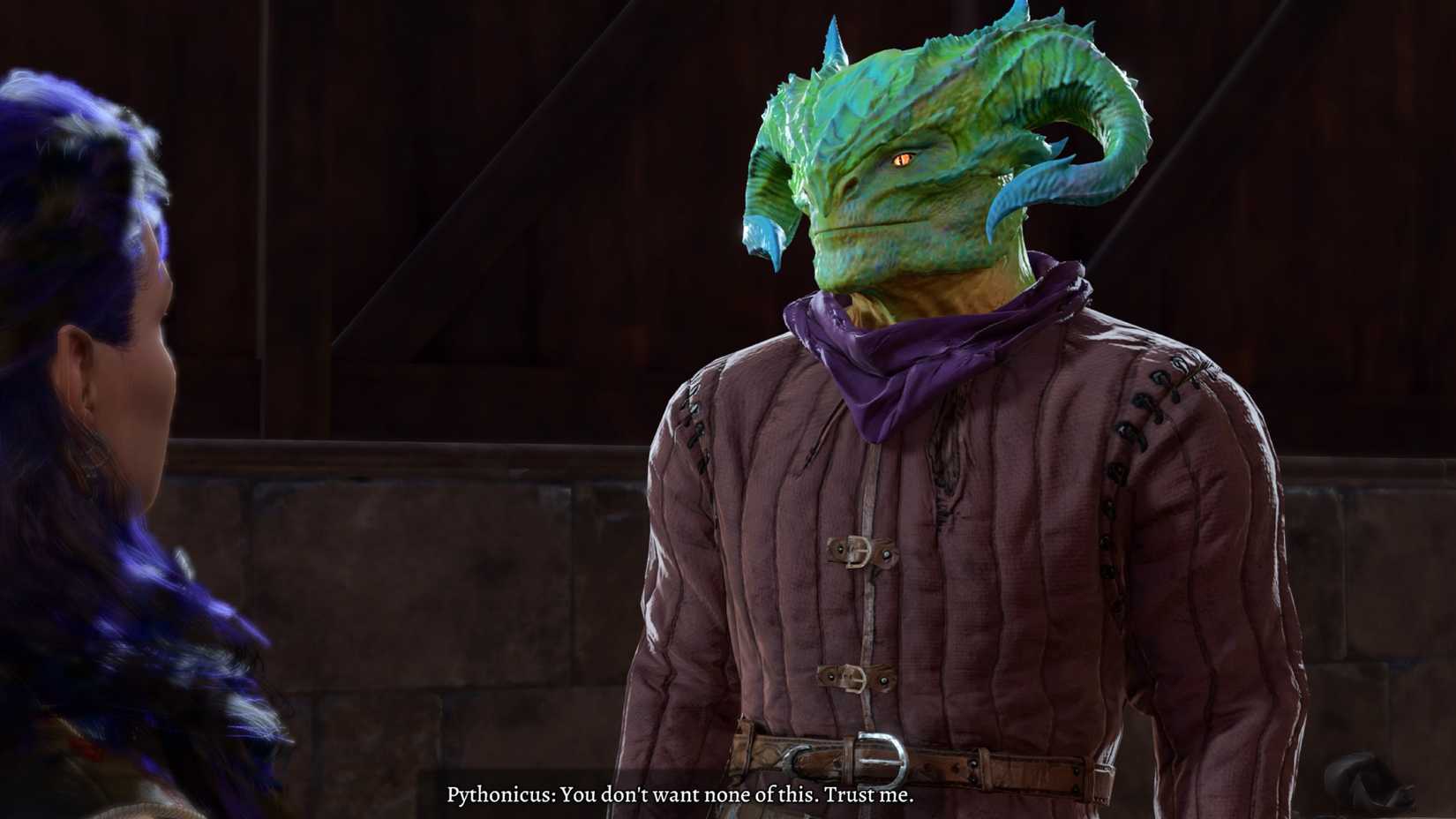 A green Dragonborn named Pythonicus tells the player-character, "You don't want none of this. Trust me."