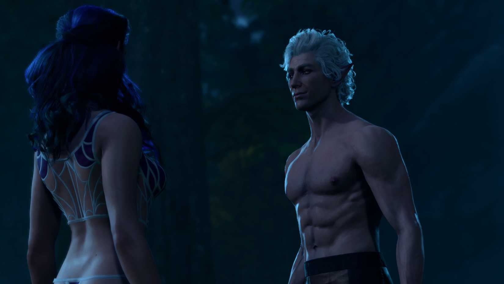 Astarion — a pale vampire-elf with curly, white hair and red eyes — meets a female player-character for a romp in the woods.