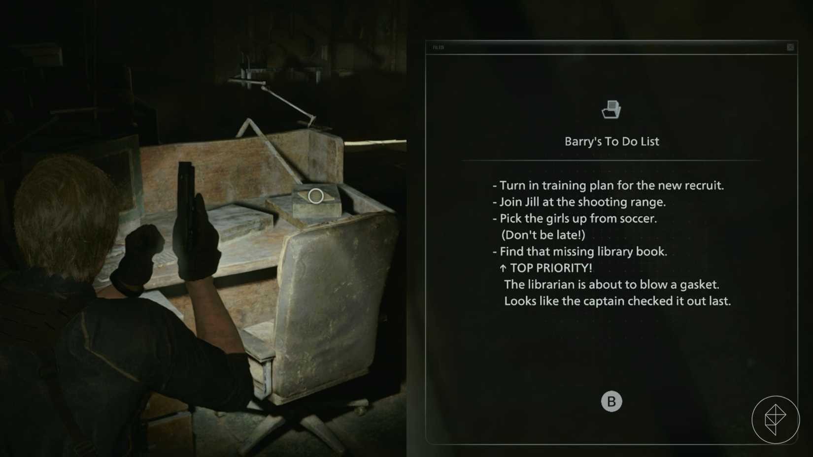 Barry's To Do list on a desk in the S.T.A.R.S. Office in Resident Evil Requiem.
