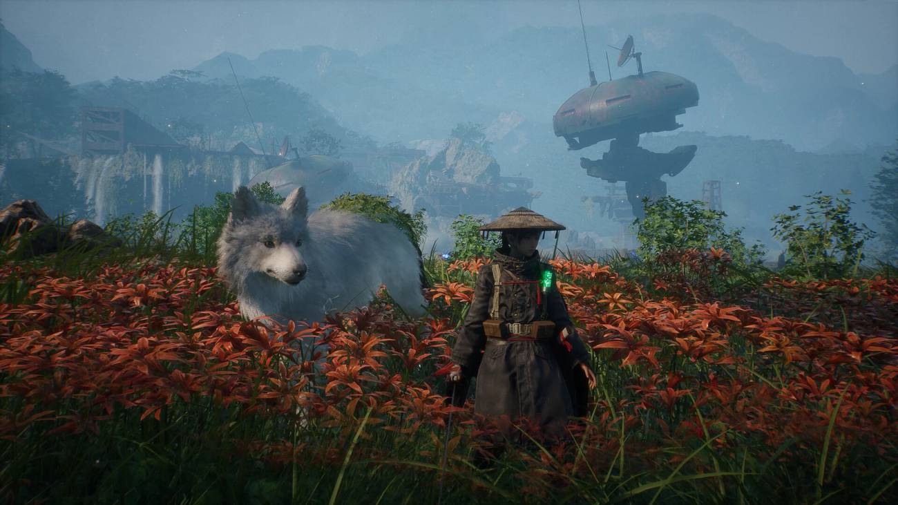 A woman stands with a wolf in Beast of Reincarnation.