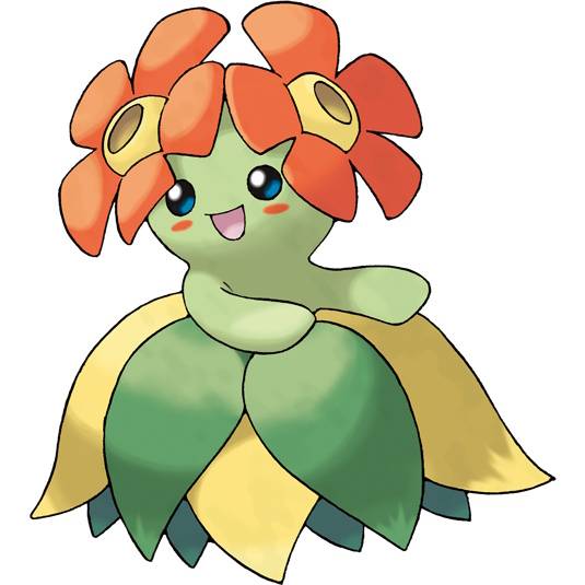 Bellossom in Pokemon Firered, a green round Pokemon with two red hibiscus-like blooms on its head and a skirt made of green and yellow petals