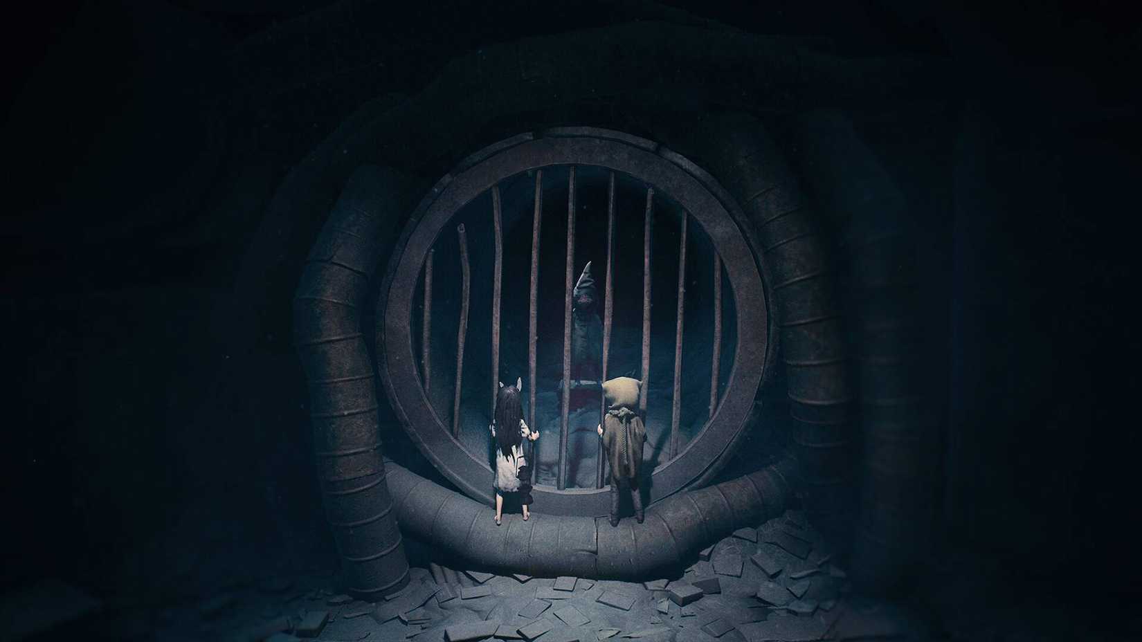 A screenshot of Reanimal showing the two characters looking through a sewer grate.