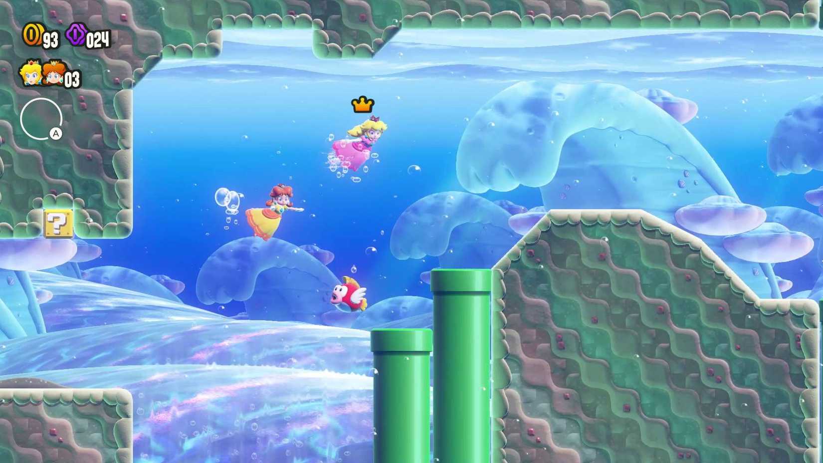 A screenshot of Super Mario Bros. Wonder, showing two players as Peach and Daisy swimming underwater.