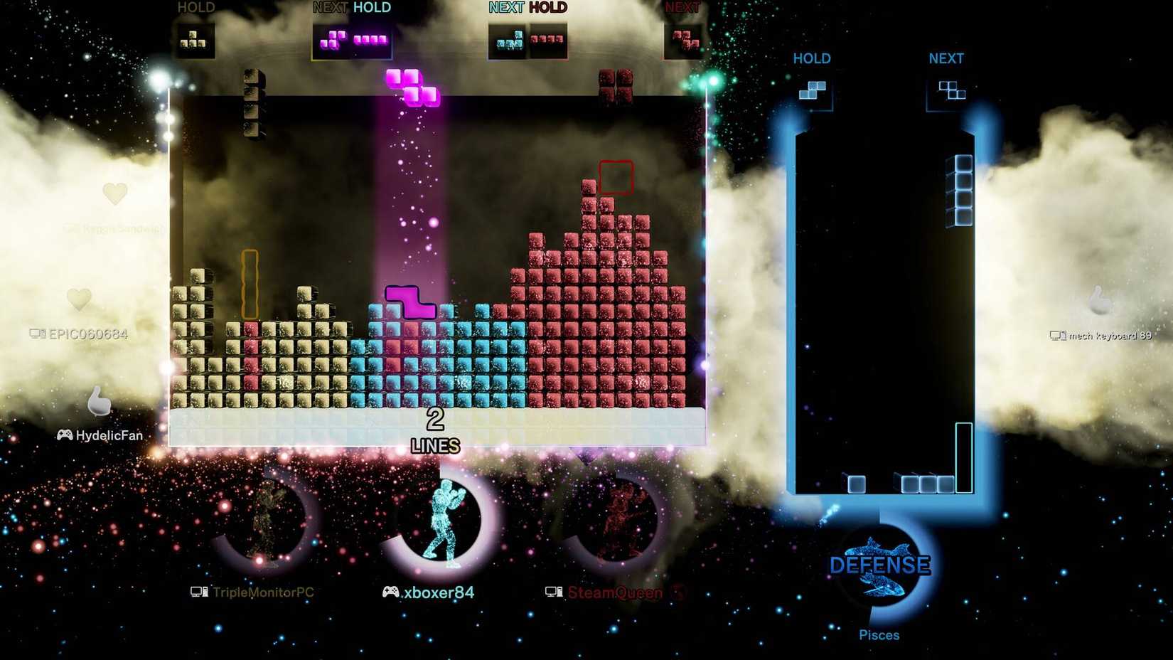 A screenshot from Tetris Effect: Connected, showing three players placing blocks on the same board against a boss.