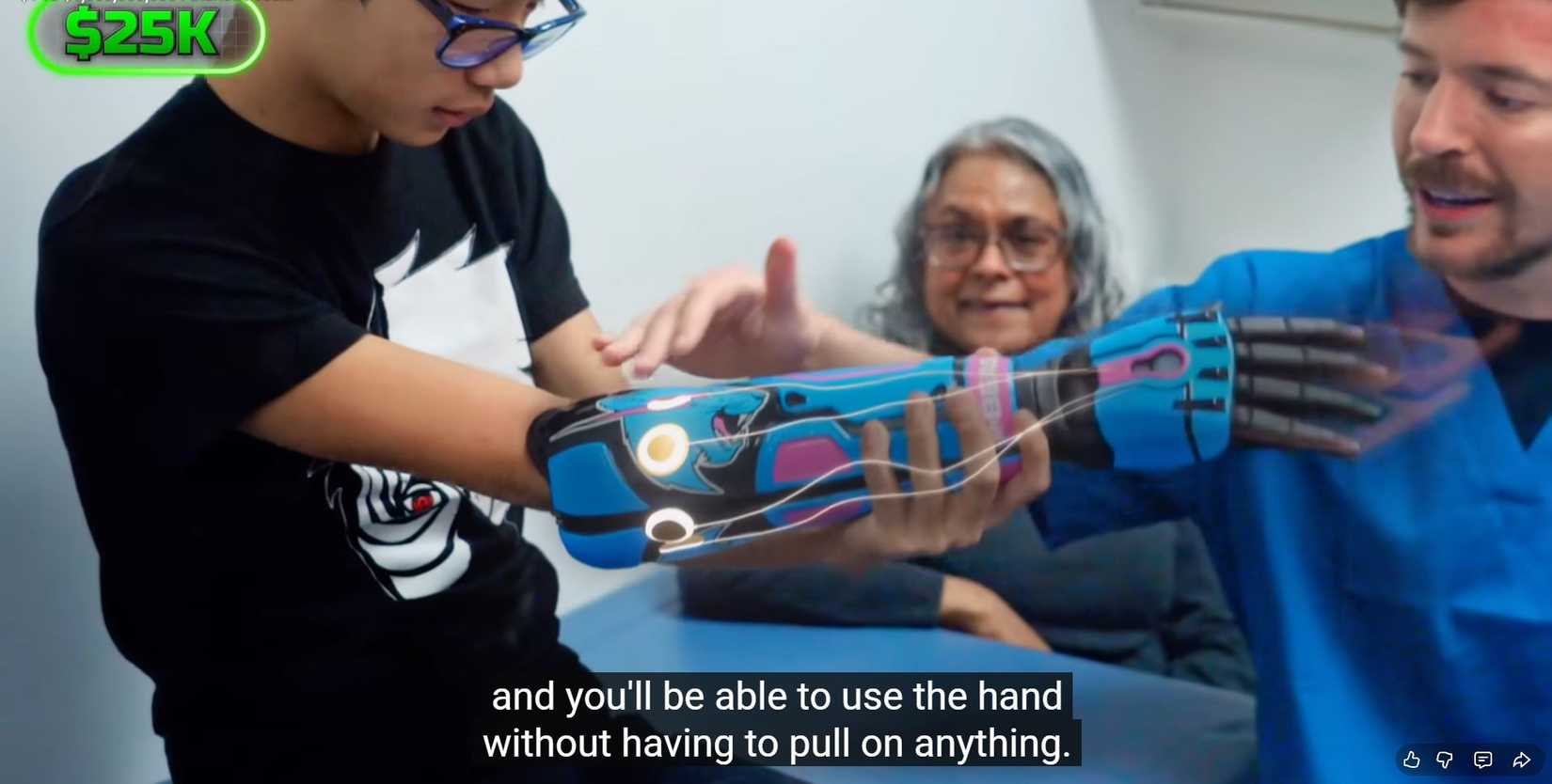 YouTube celebrity Jimmy "MrBeast" Donaldson offers a handicapped fan a branded bionic arm.