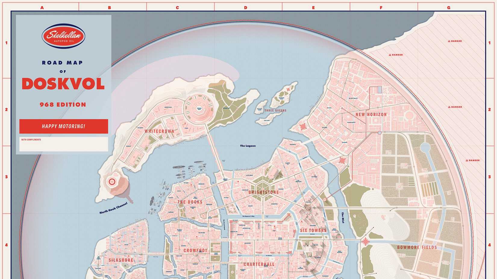 A road map of Duskvol shows the version of the fantasy city in Blades '68