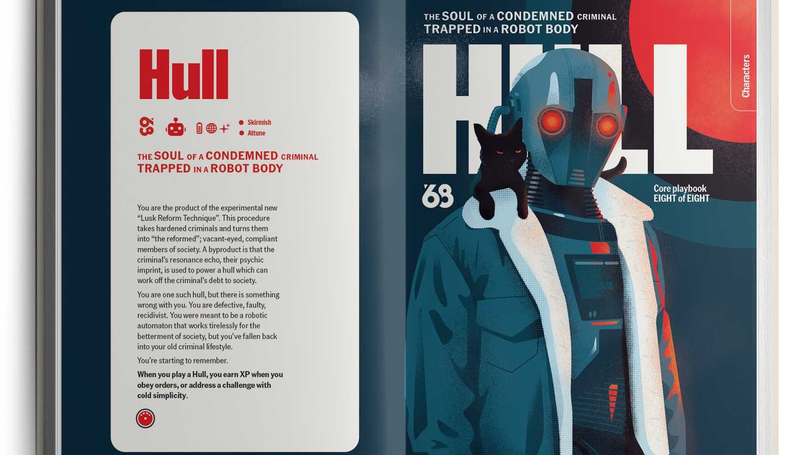 A humanoid robot wearing a bomber jacket with a black cat on its shoulder is the artwork for Hull, one of the playbooks in Blades '68