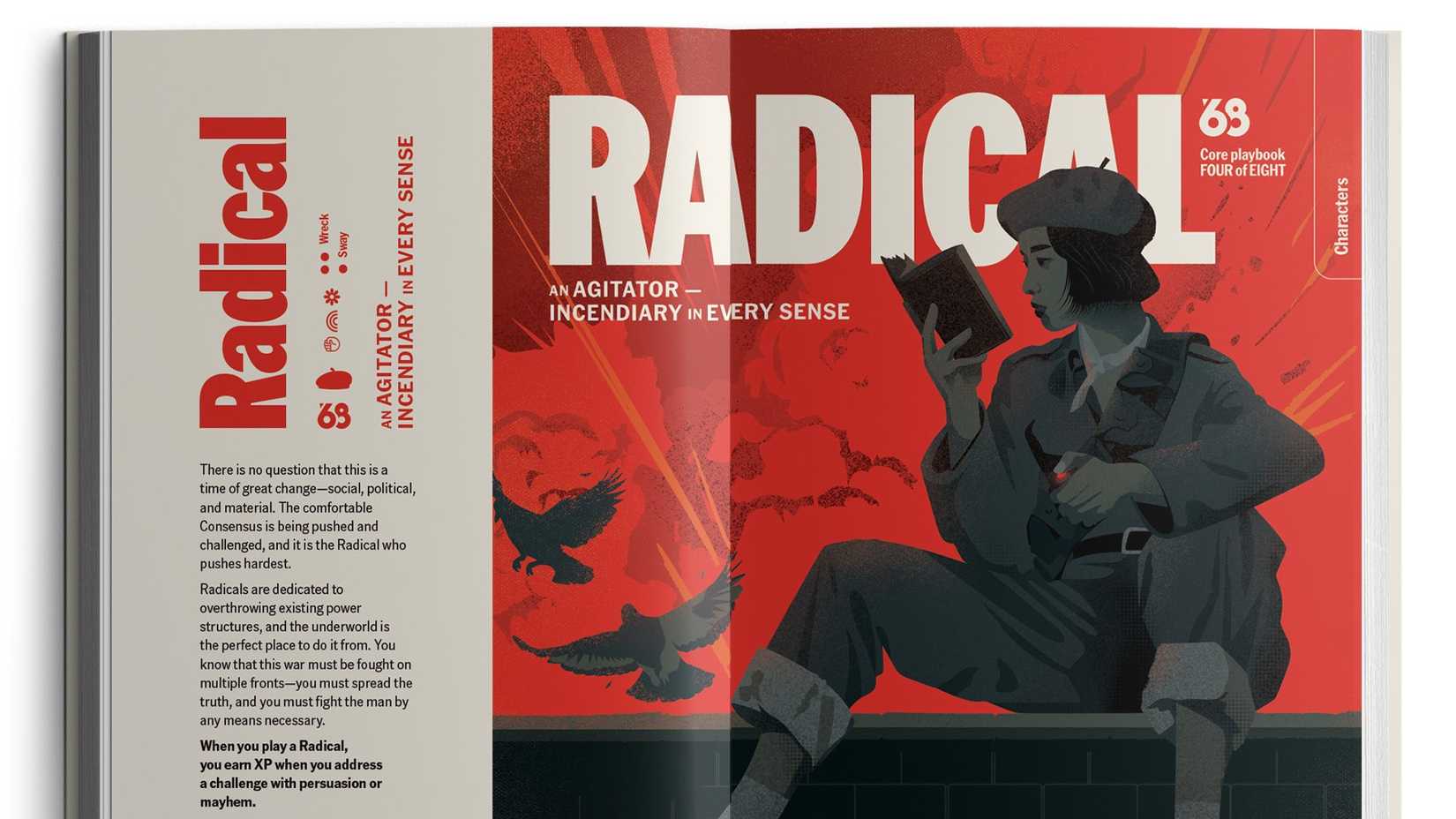 A woman with short hair wearing a beret reads a book while sitting on a rooftop and holding a detonator, with pidgeons flying behind her in art from Blades '68