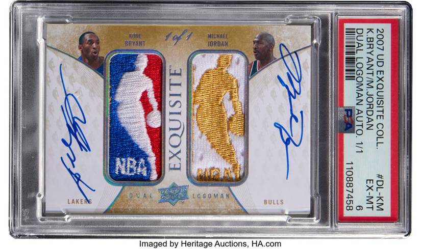 Image of a basketball trading card featuring pieces of Michael Jordan and Kobe Bryant's jersies