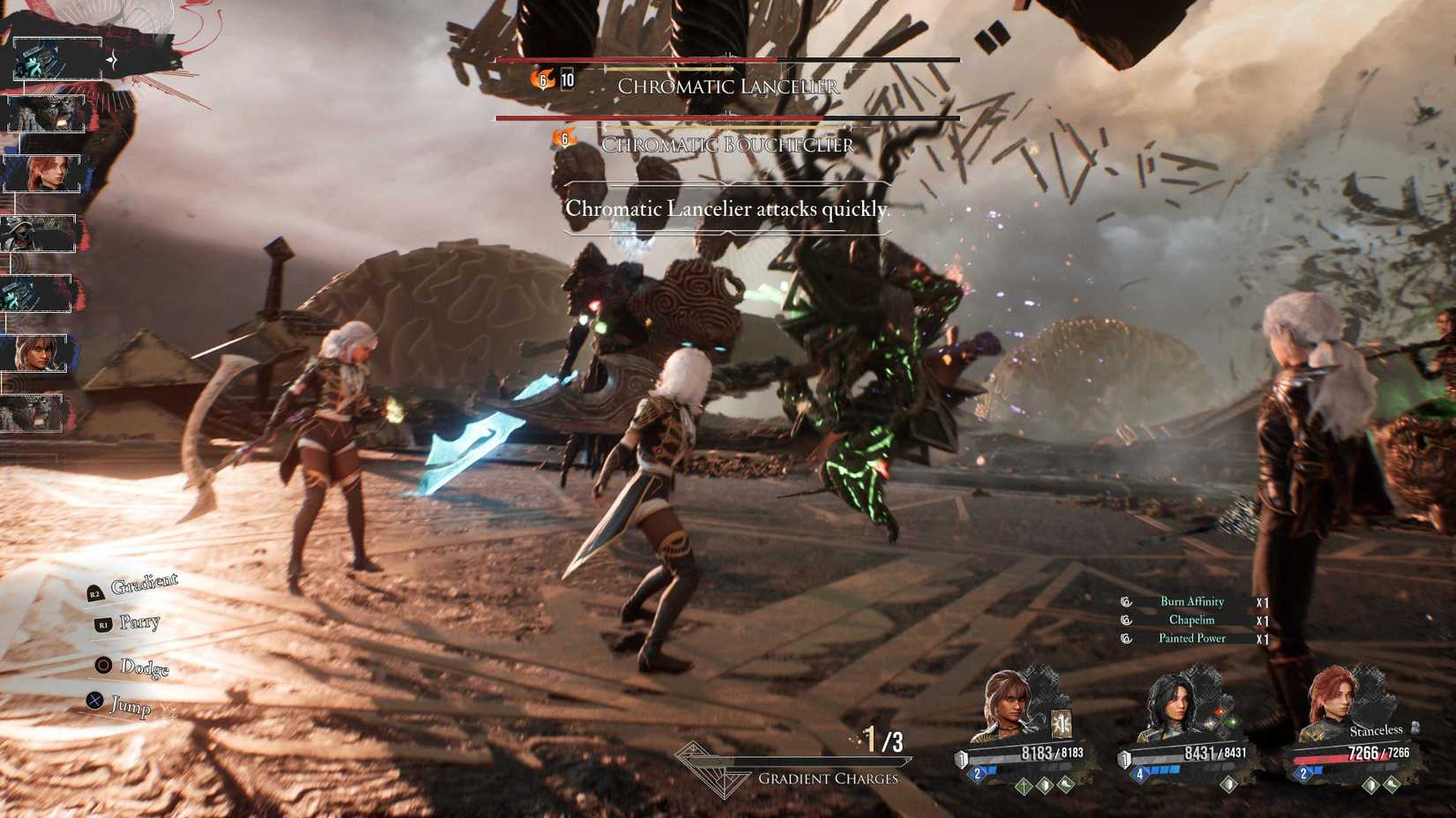 Lune, Sciel, and Maelle ready to parry attacks in a battle from Clair Obscur Expedition 33
